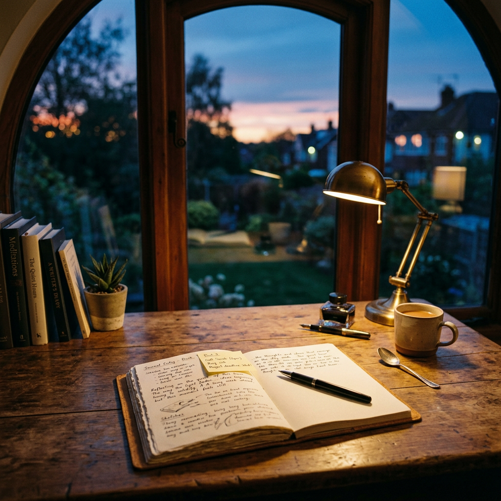 Open journal with handwritten notes, pen, desk lamp, coffee cup, and books by window at dusk