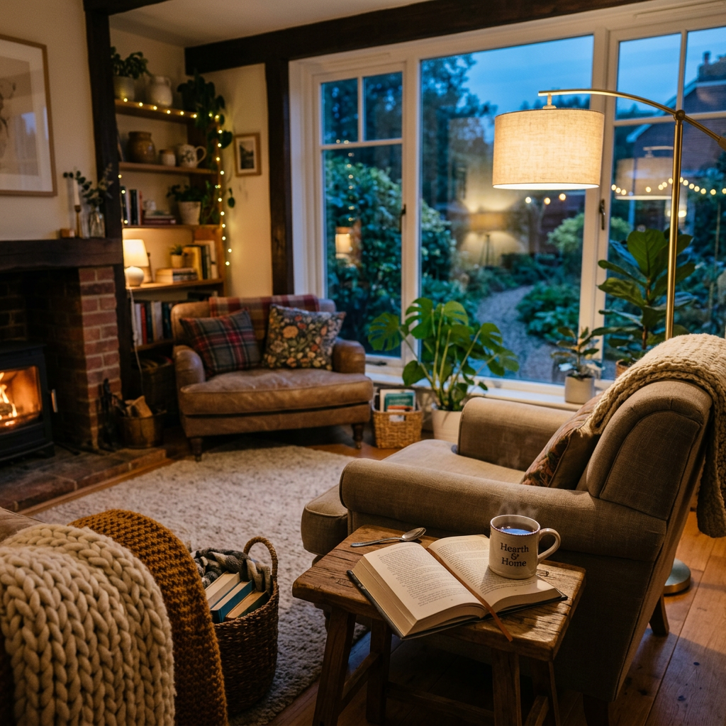 Cozy living room with armchairs, fireplace, books, and soft lighting