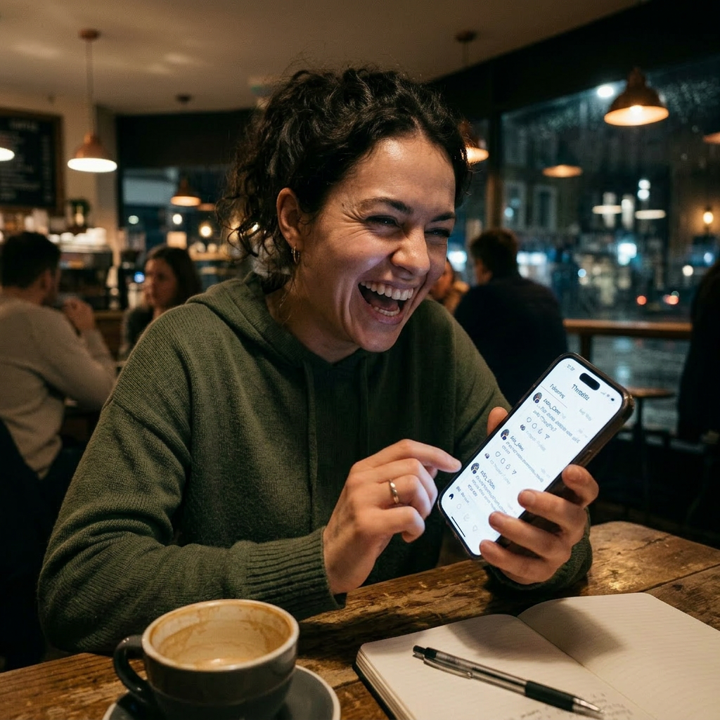 Woman in green hoodie concentrating on smartphone screen displaying social media threads