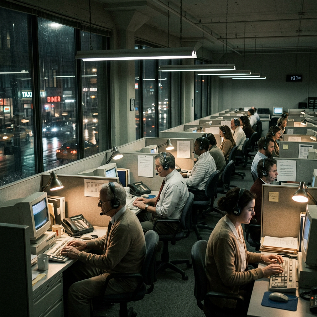 Call center agents wearing headsets sitting in cubicles using vintage desktop computers