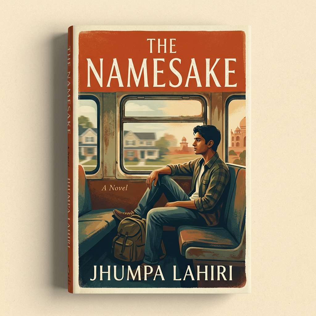 Book cover of The Namesake by Jhumpa Lahiri showing a young man sitting on a train with a backpack.