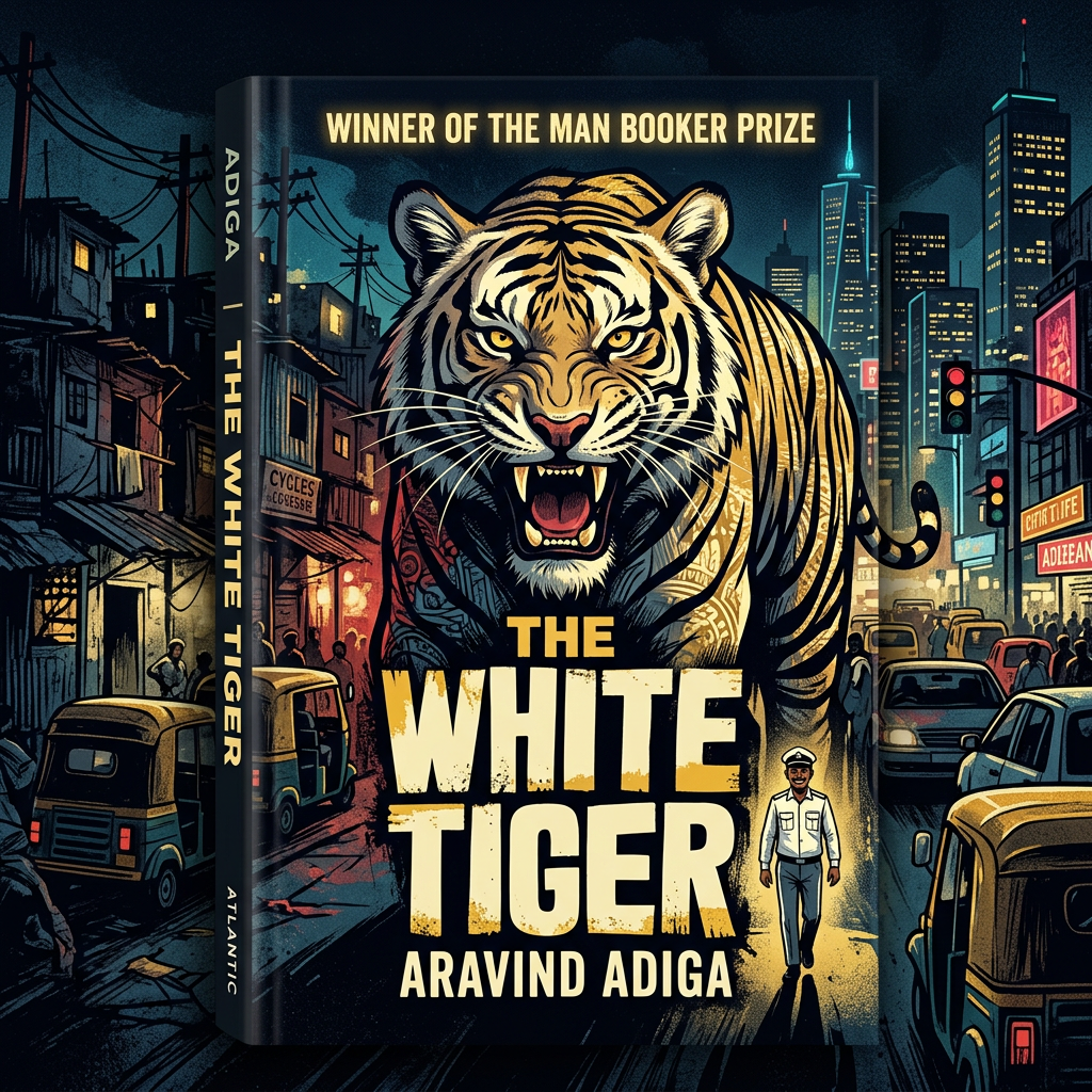 Book cover of The White Tiger by Aravind Adiga with a roaring tiger and city street background