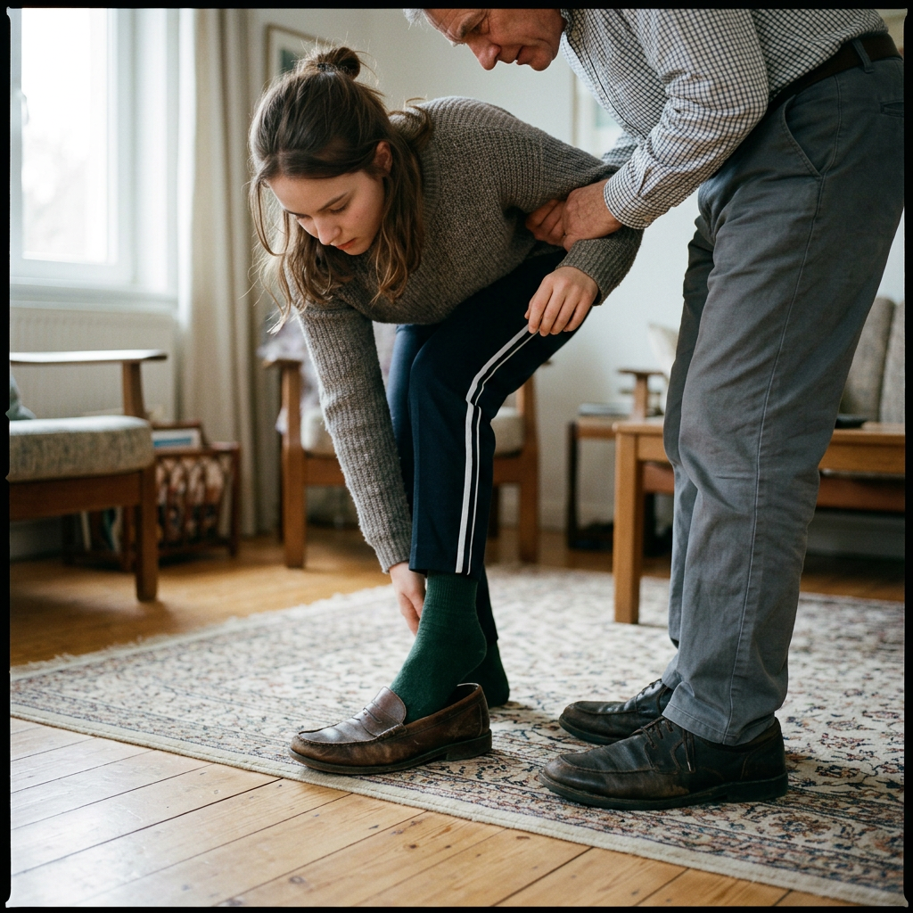 Older man helping young woman put on a shoe indoors