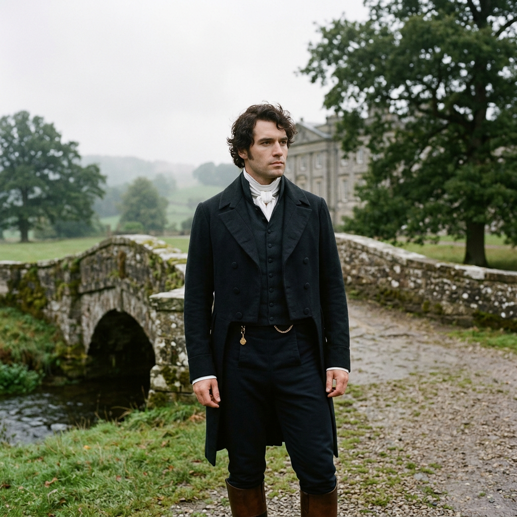 Man in Regency-era clothing standing beside a stone bridge and stream