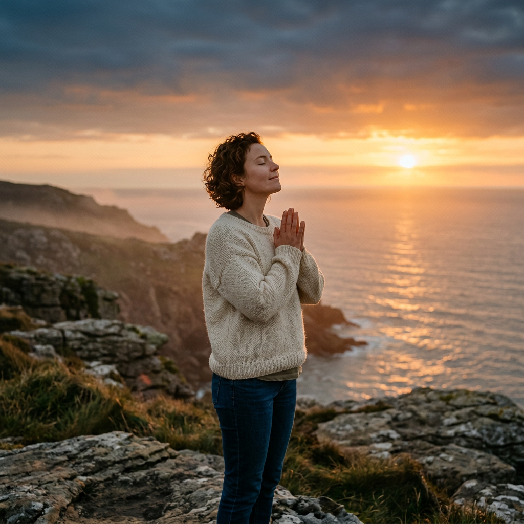 Woman standing on rocky cliff with hands in prayer pose facing sunset over ocean