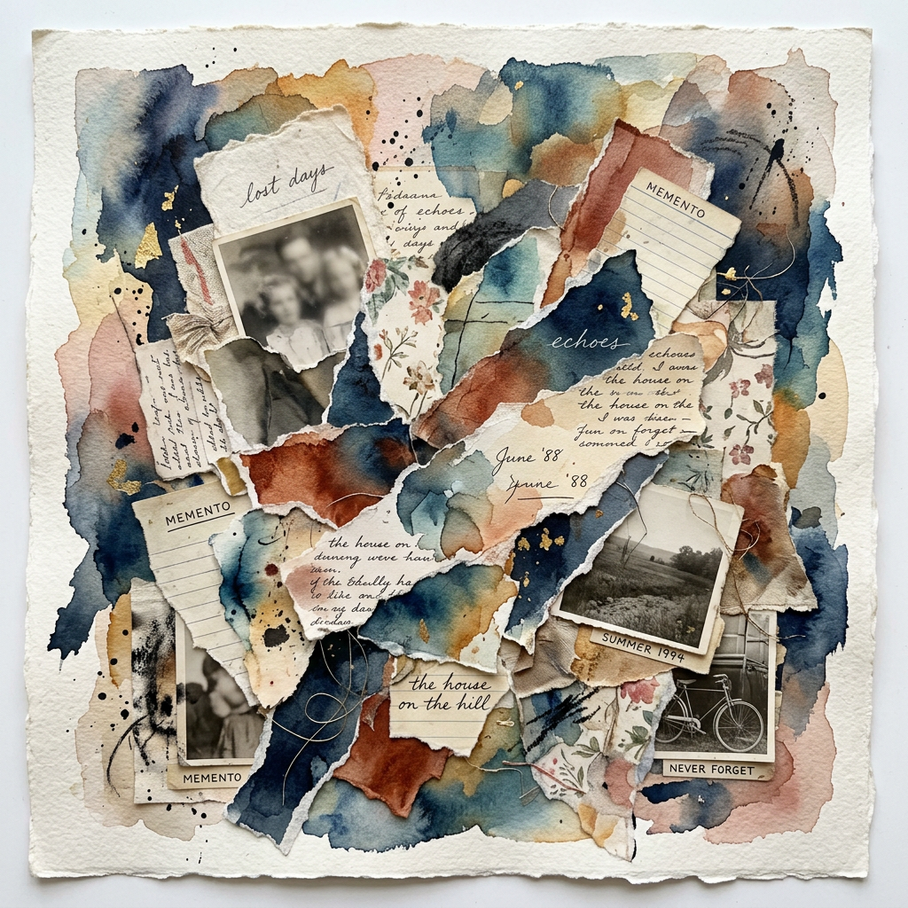 Mixed media collage with torn paper, handwritten notes, watercolor, and vintage photos